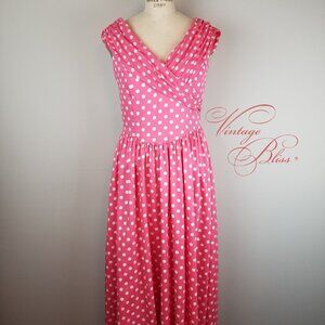 Vintage Laura Ashley Watermelon Pink Polka Dot A Line Midi Dress * Great Britain